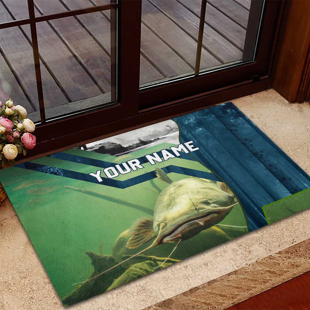 Catfish and Underwater Scene Design Rubber Doormat with Forest Background and Fishing Theme Elements - Wonder Print Shop