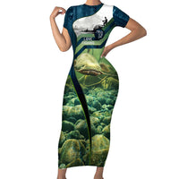 Catfish and Underwater Scene Design Short Sleeve Bodycon Dress with Forest Background and Fishing Theme Elements - Wonder Print Shop