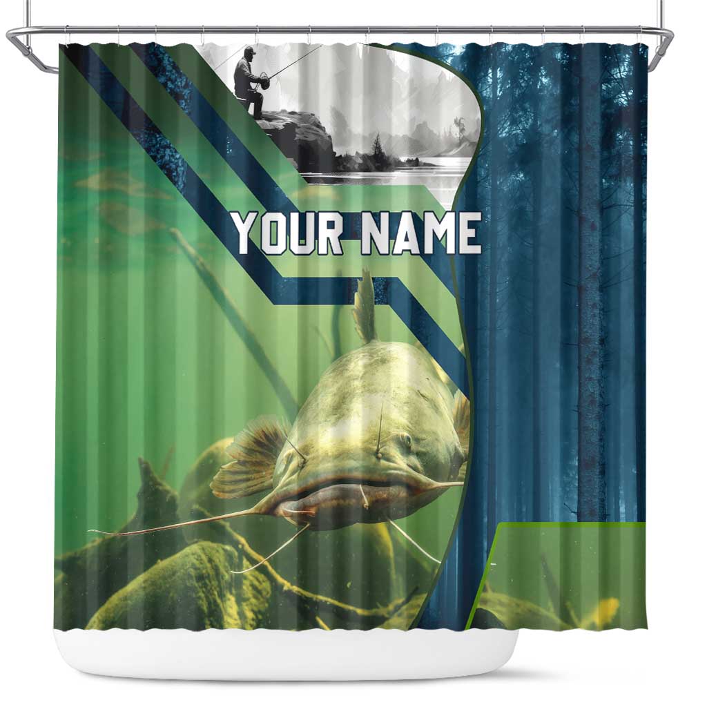 Catfish and Underwater Scene Design Shower Curtain with Forest Background and Fishing Theme Elements - Wonder Print Shop