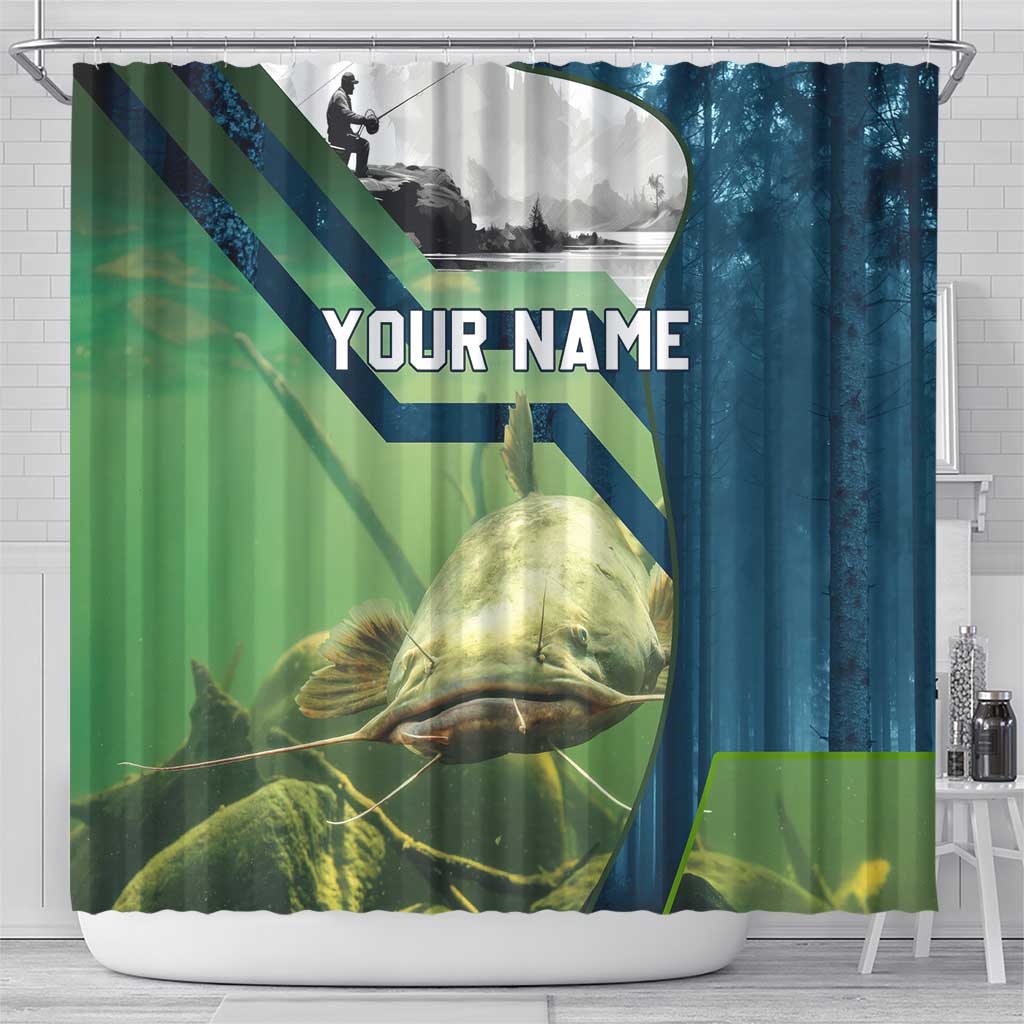 Catfish and Underwater Scene Design Shower Curtain with Forest Background and Fishing Theme Elements - Wonder Print Shop