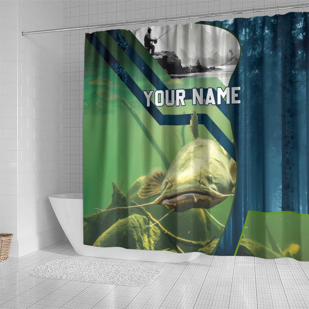 Catfish and Underwater Scene Design Shower Curtain with Forest Background and Fishing Theme Elements - Wonder Print Shop