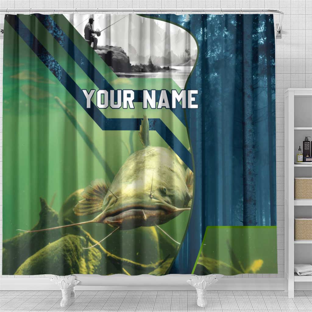 Catfish and Underwater Scene Design Shower Curtain with Forest Background and Fishing Theme Elements - Wonder Print Shop