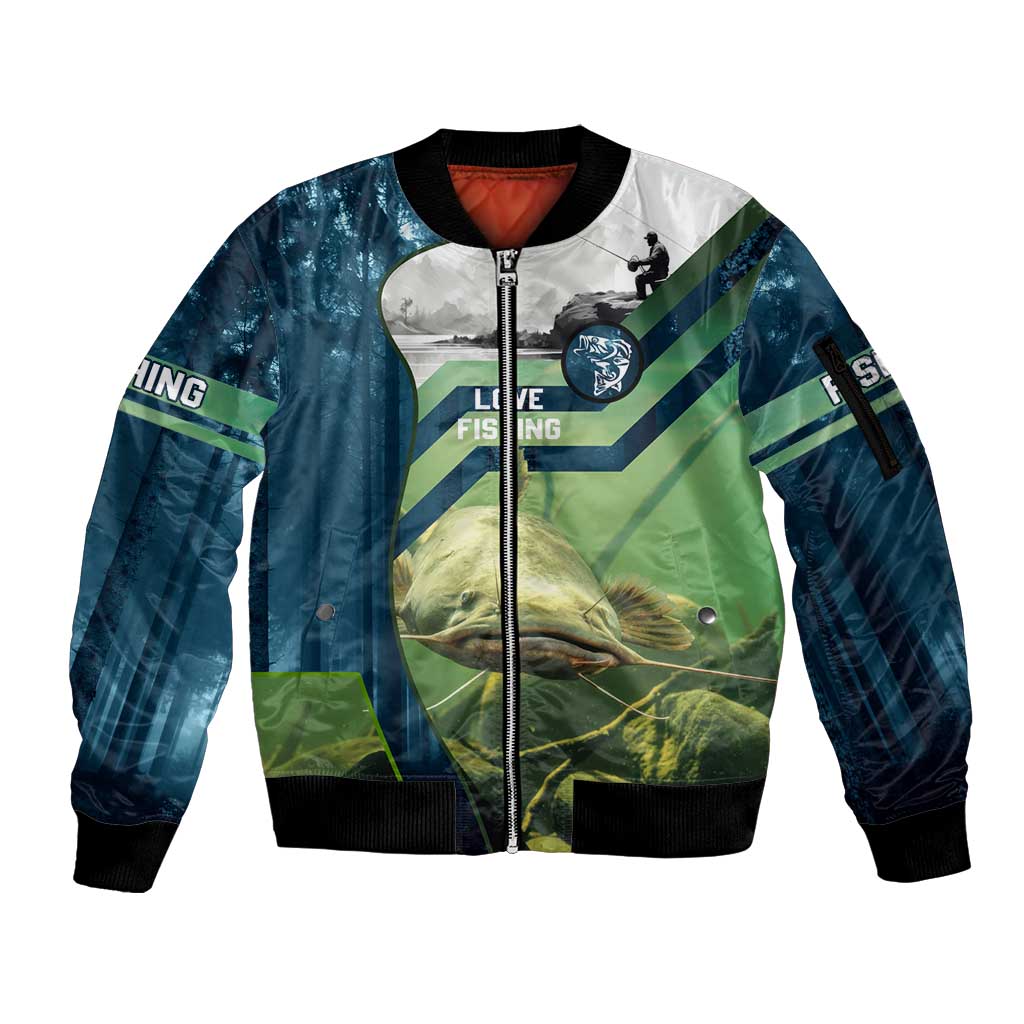 Catfish and Underwater Scene Design Sleeve Zip Bomber Jacket with Forest Background and Fishing Theme Elements - Wonder Print Shop