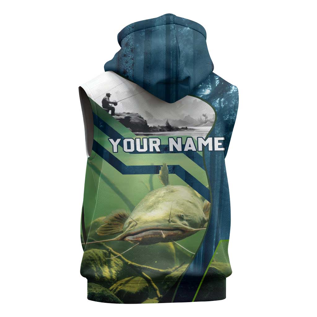 Catfish and Underwater Scene Design Sleeveless Hoodie with Forest Background and Fishing Theme Elements - Wonder Print Shop