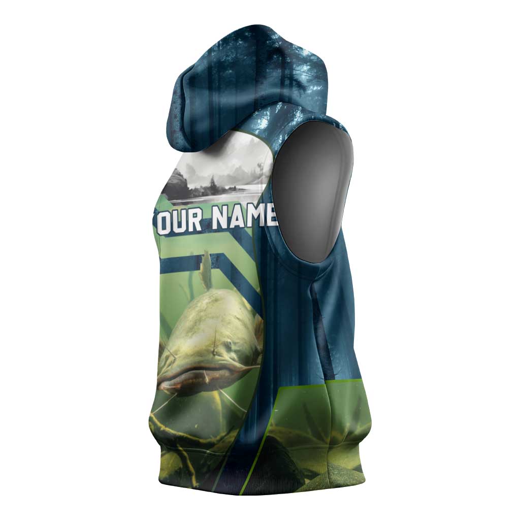 Catfish and Underwater Scene Design Sleeveless Hoodie with Forest Background and Fishing Theme Elements - Wonder Print Shop