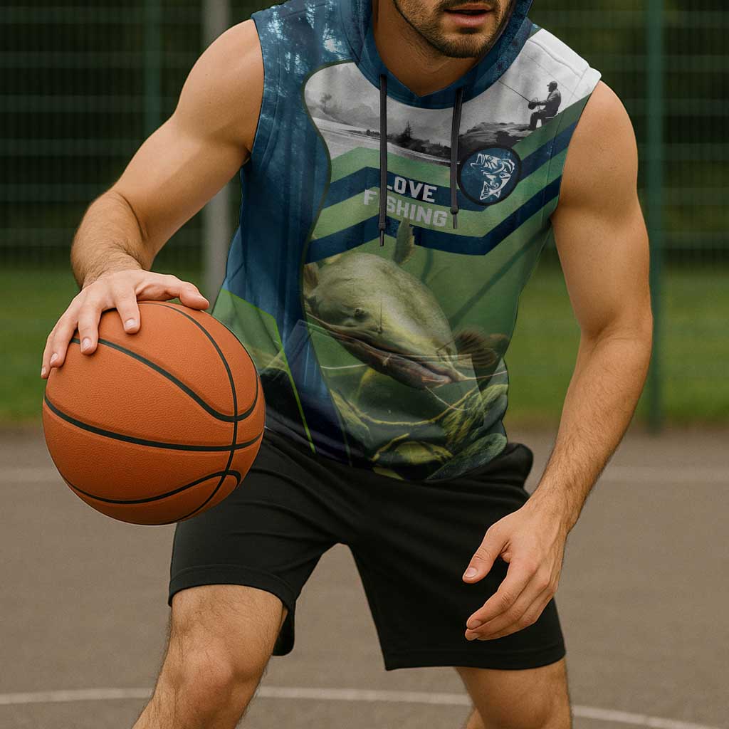 Catfish and Underwater Scene Design Sleeveless Hoodie with Forest Background and Fishing Theme Elements - Wonder Print Shop