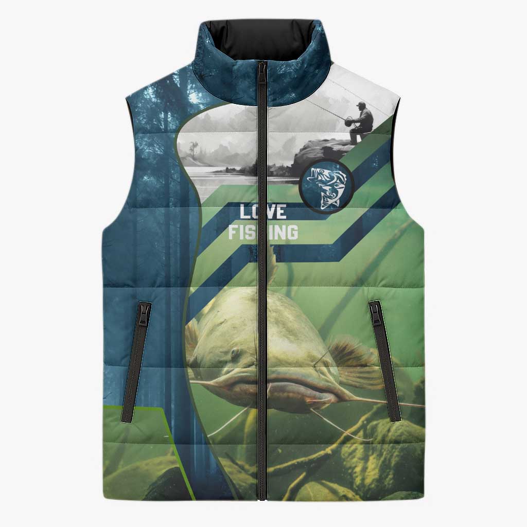 Catfish and Underwater Scene Design Sleeveless Puffer Jacket with Forest Background and Fishing Theme Elements - Wonder Print Shop