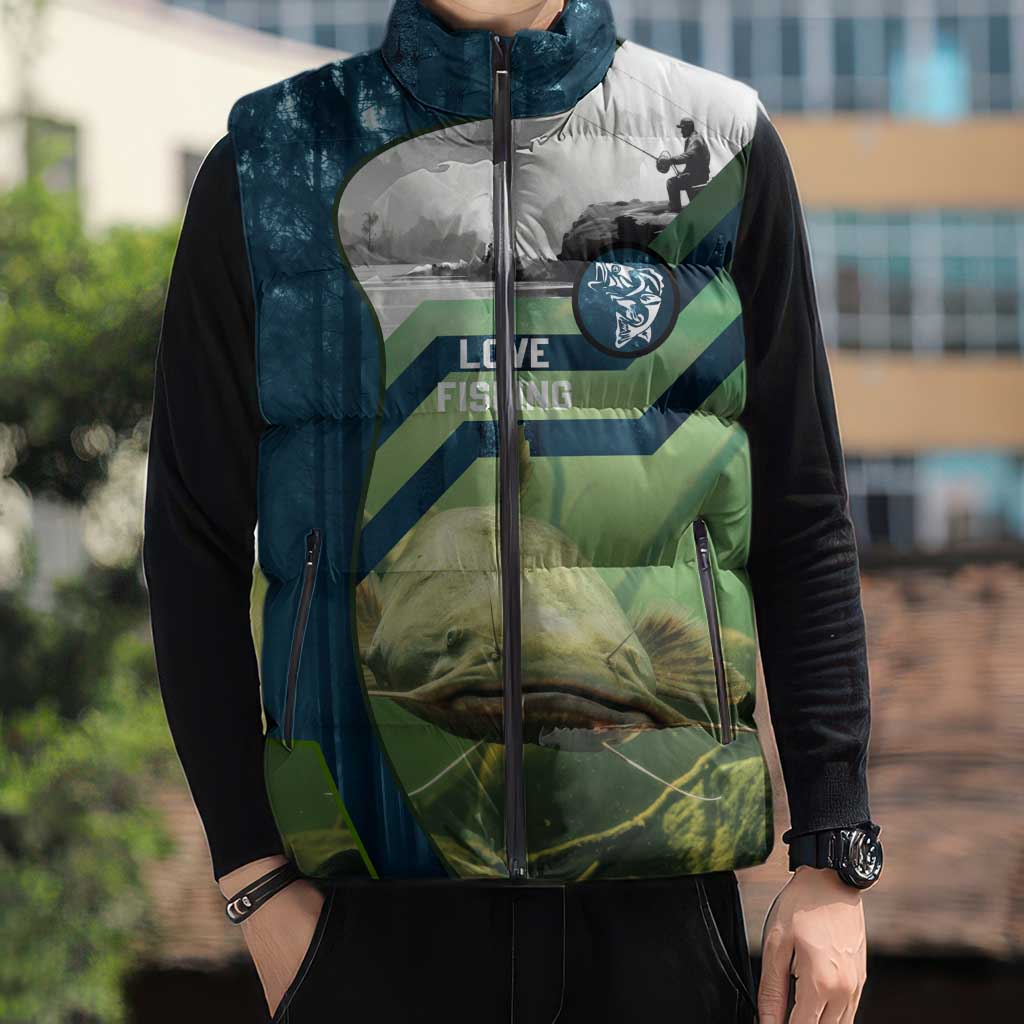 Catfish and Underwater Scene Design Sleeveless Puffer Jacket with Forest Background and Fishing Theme Elements - Wonder Print Shop