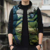 Catfish and Underwater Scene Design Sleeveless Puffer Jacket with Forest Background and Fishing Theme Elements - Wonder Print Shop