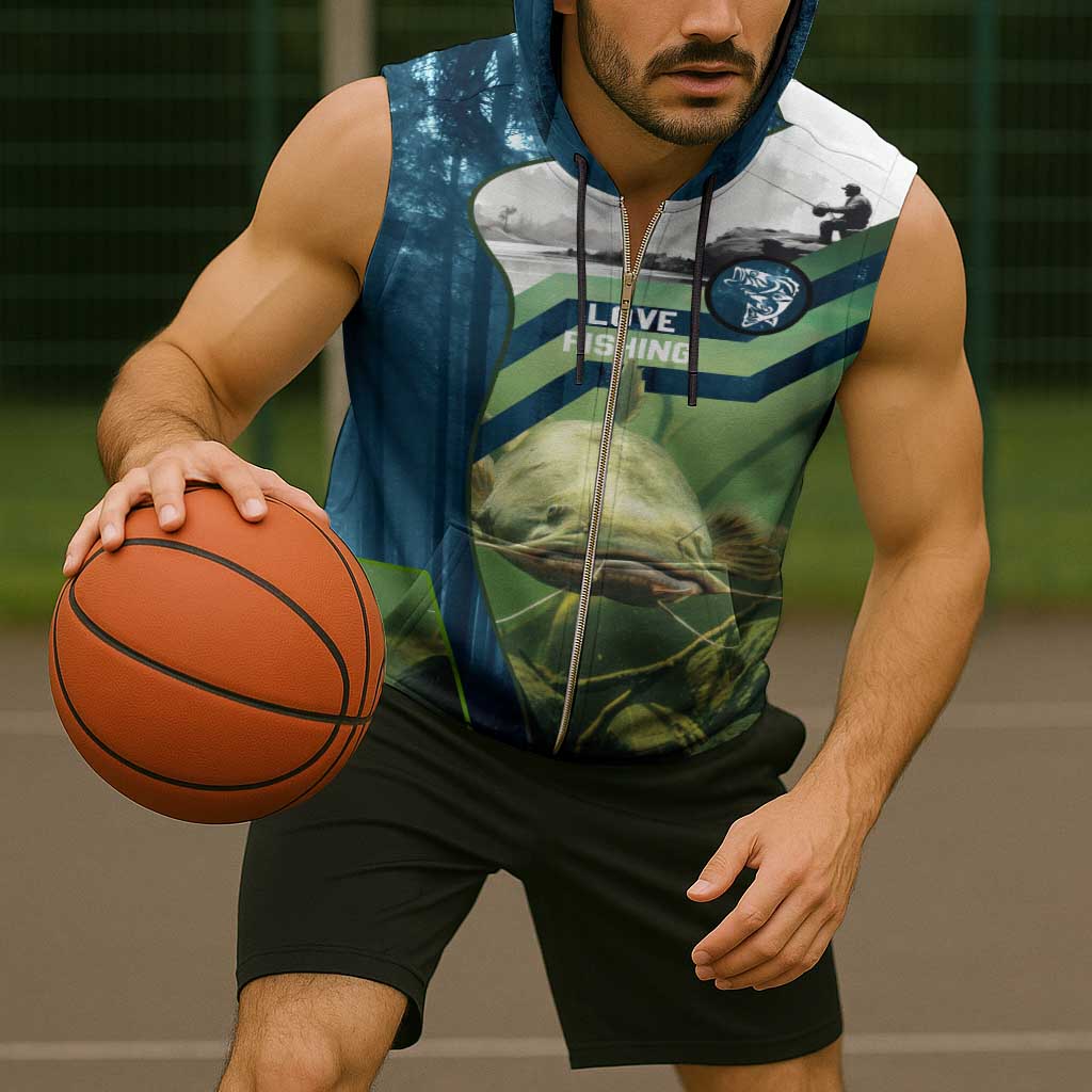 Catfish and Underwater Scene Design Sleeveless Zip Hoodie with Forest Background and Fishing Theme Elements - Wonder Print Shop