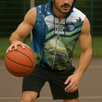 Catfish and Underwater Scene Design Sleeveless Zip Hoodie with Forest Background and Fishing Theme Elements - Wonder Print Shop