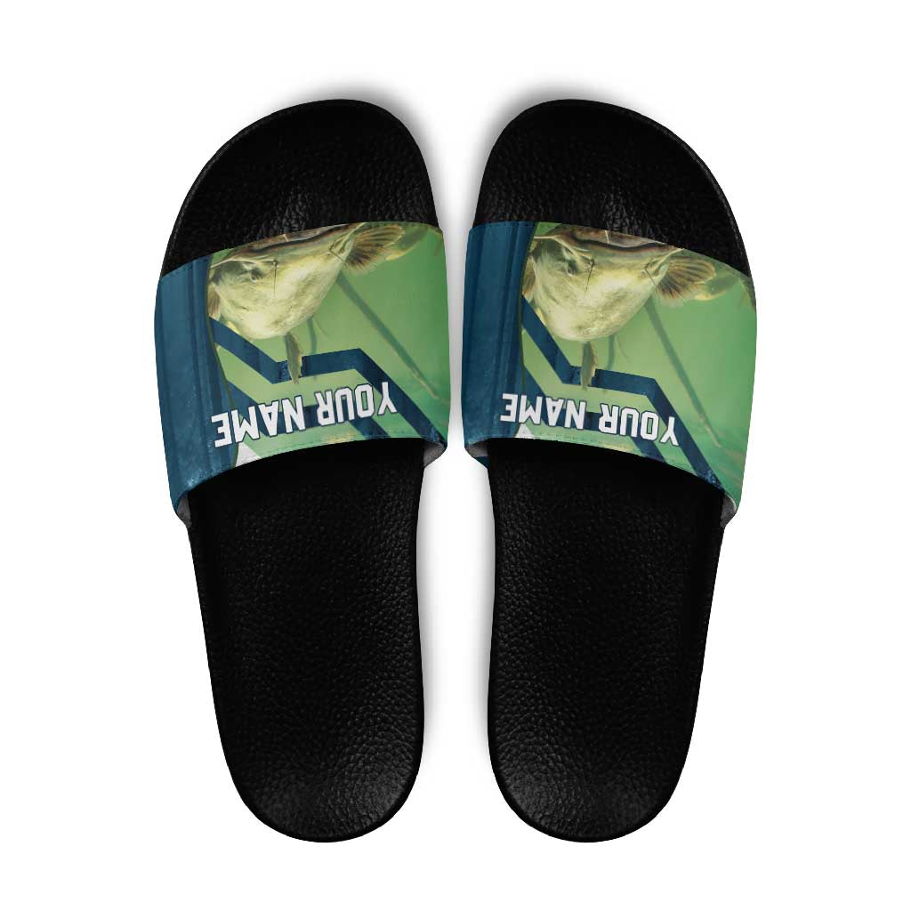 Catfish and Underwater Scene Design Slide Sandals with Forest Background and Fishing Theme Elements - Wonder Print Shop