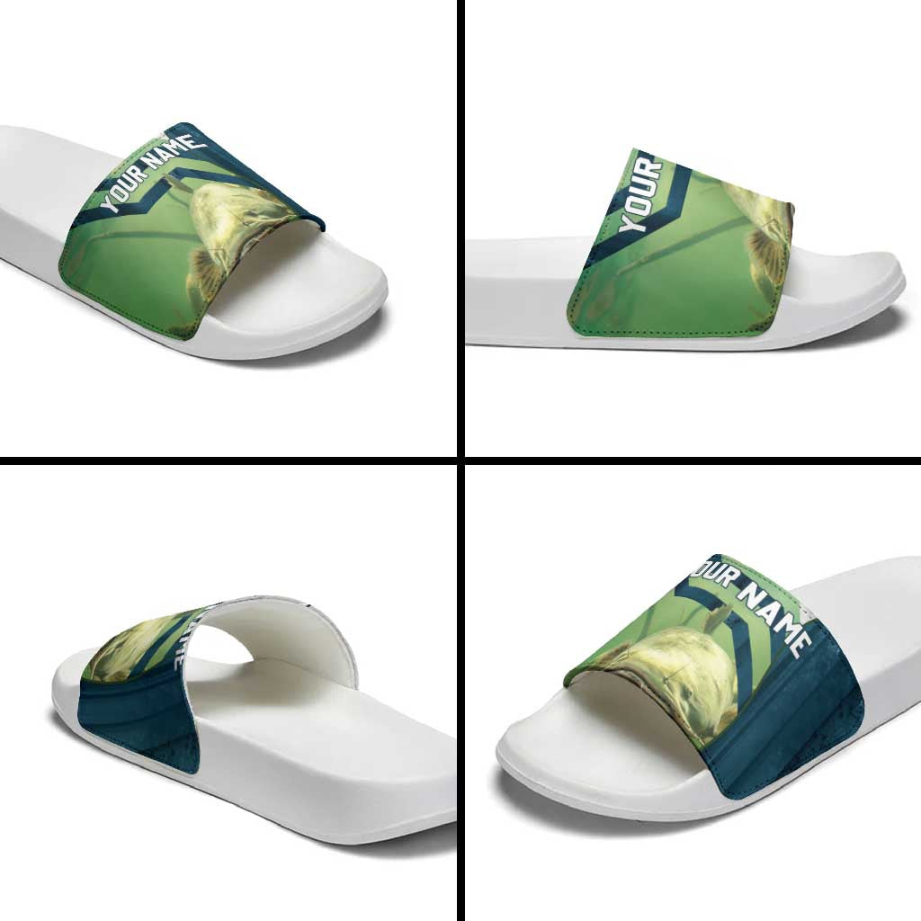 Catfish and Underwater Scene Design Slide Sandals with Forest Background and Fishing Theme Elements - Wonder Print Shop