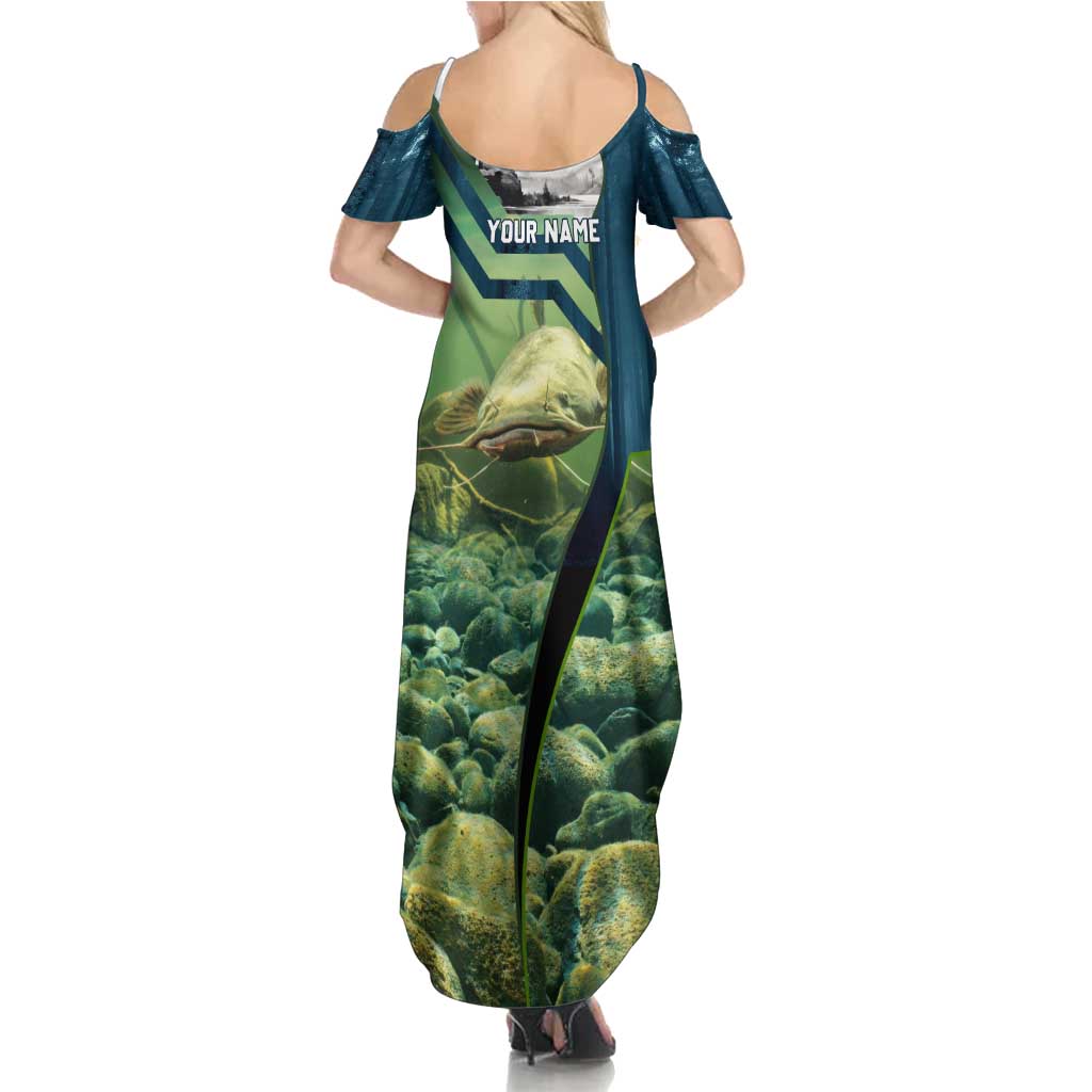 Catfish and Underwater Scene Design Summer Maxi Dress with Forest Background and Fishing Theme Elements - Wonder Print Shop