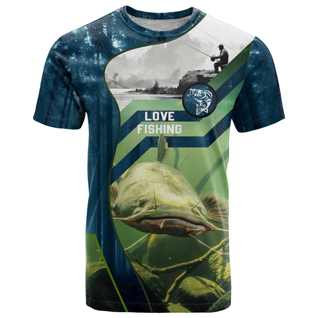 Catfish and Underwater Scene Design T Shirt with Forest Background and Fishing Theme Elements - Wonder Print Shop