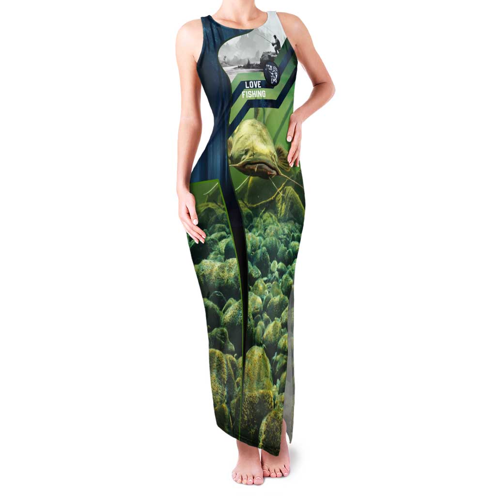 Catfish and Underwater Scene Design Tank Maxi Dress with Forest Background and Fishing Theme Elements - Wonder Print Shop