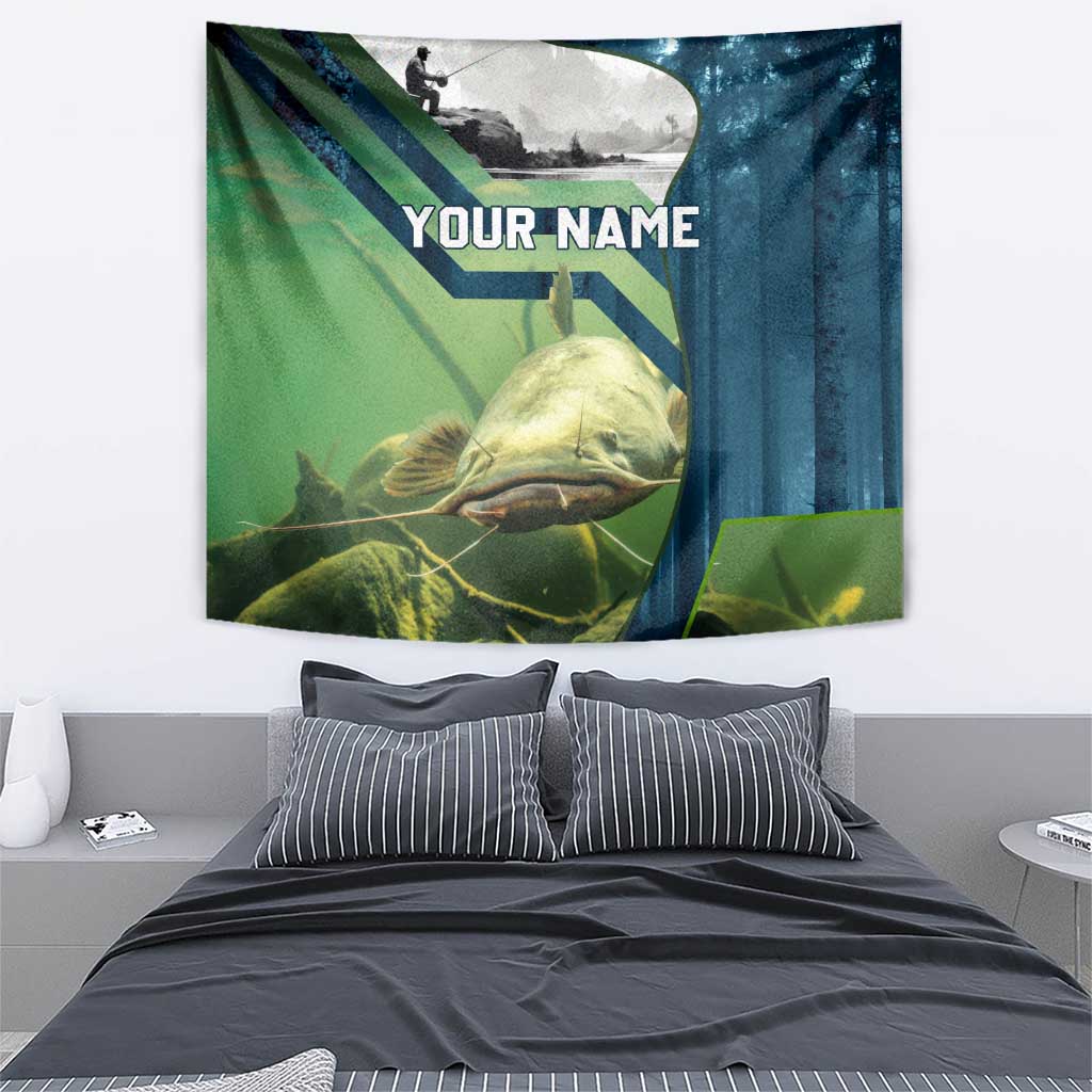 Catfish and Underwater Scene Design Tapestry with Forest Background and Fishing Theme Elements - Wonder Print Shop