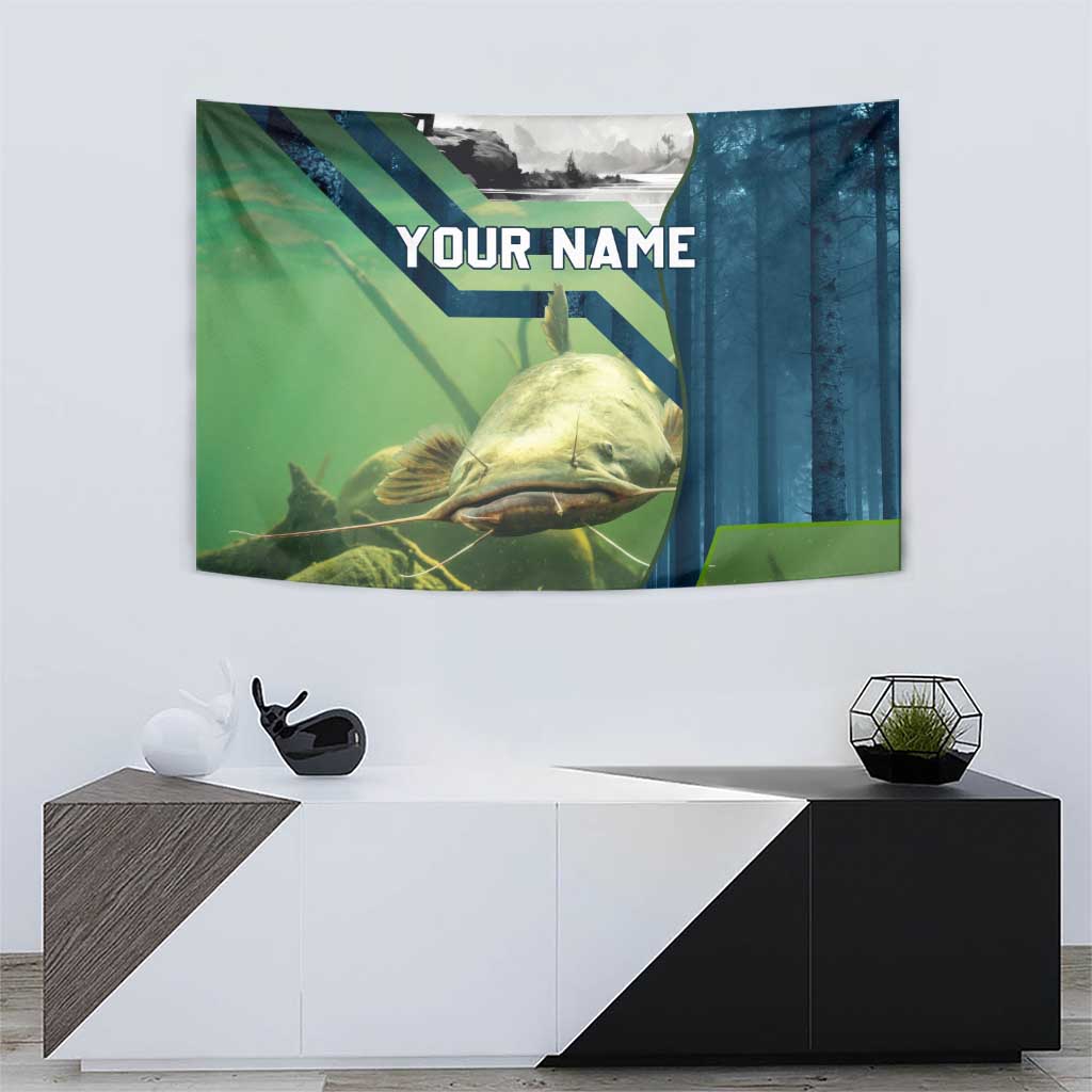 Catfish and Underwater Scene Design Tapestry with Forest Background and Fishing Theme Elements - Wonder Print Shop