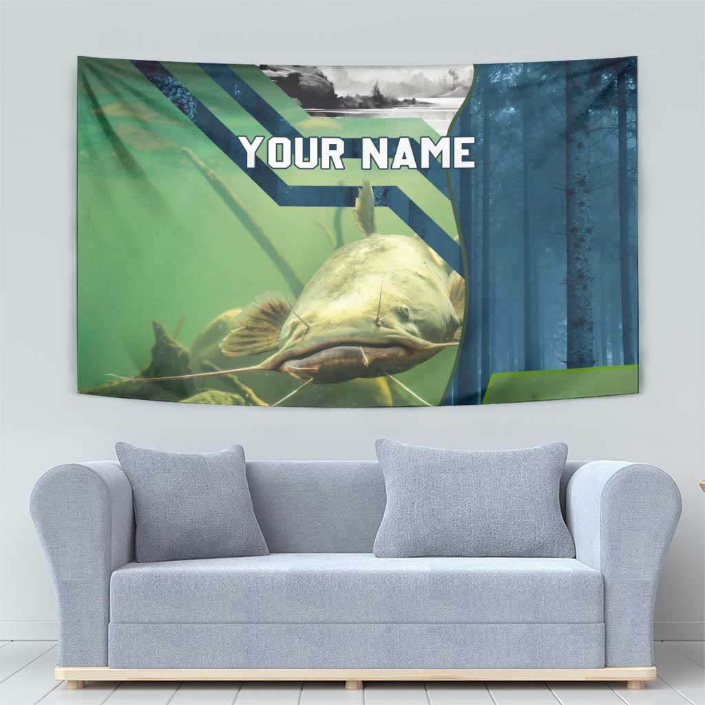 Catfish and Underwater Scene Design Tapestry with Forest Background and Fishing Theme Elements - Wonder Print Shop