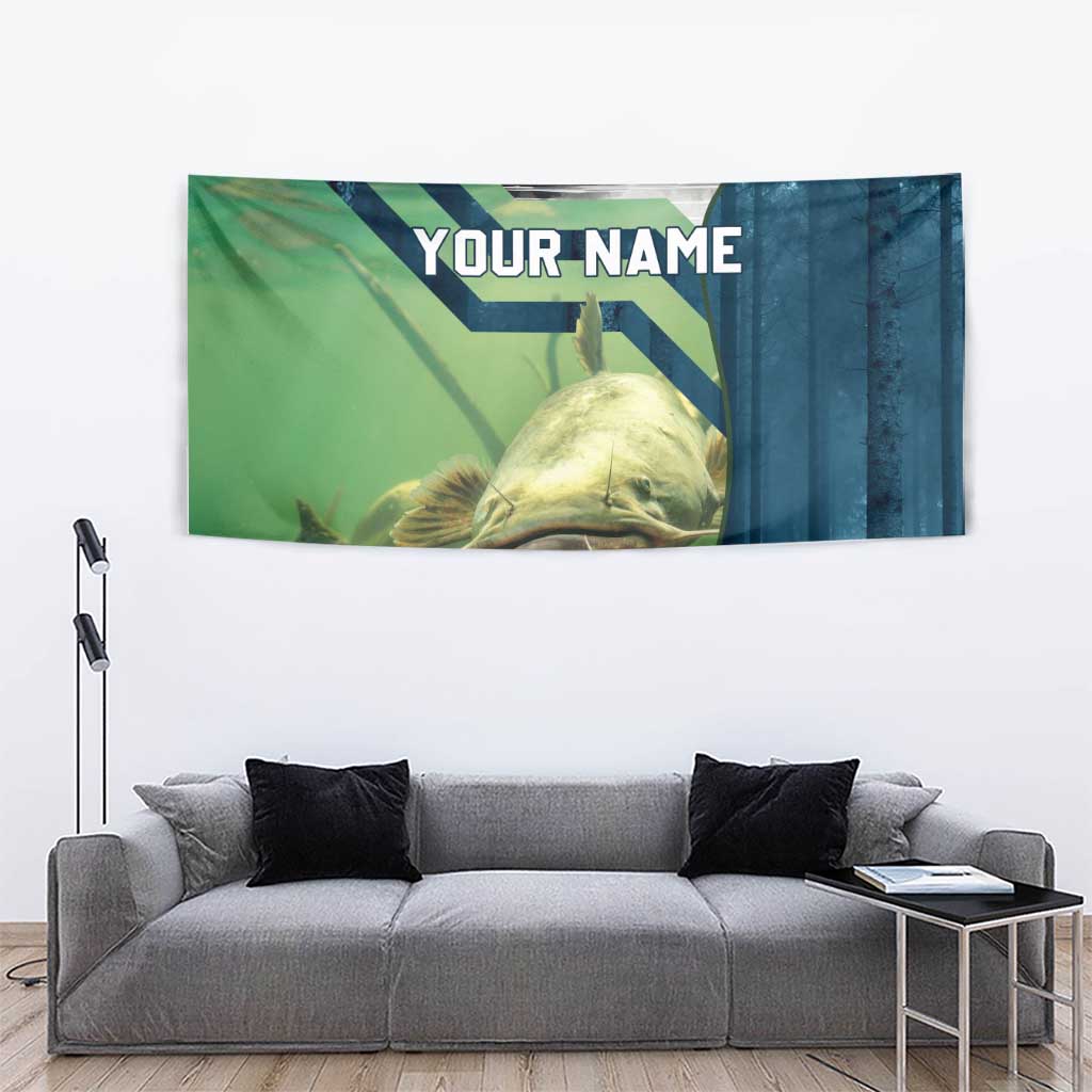 Catfish and Underwater Scene Design Tapestry with Forest Background and Fishing Theme Elements - Wonder Print Shop
