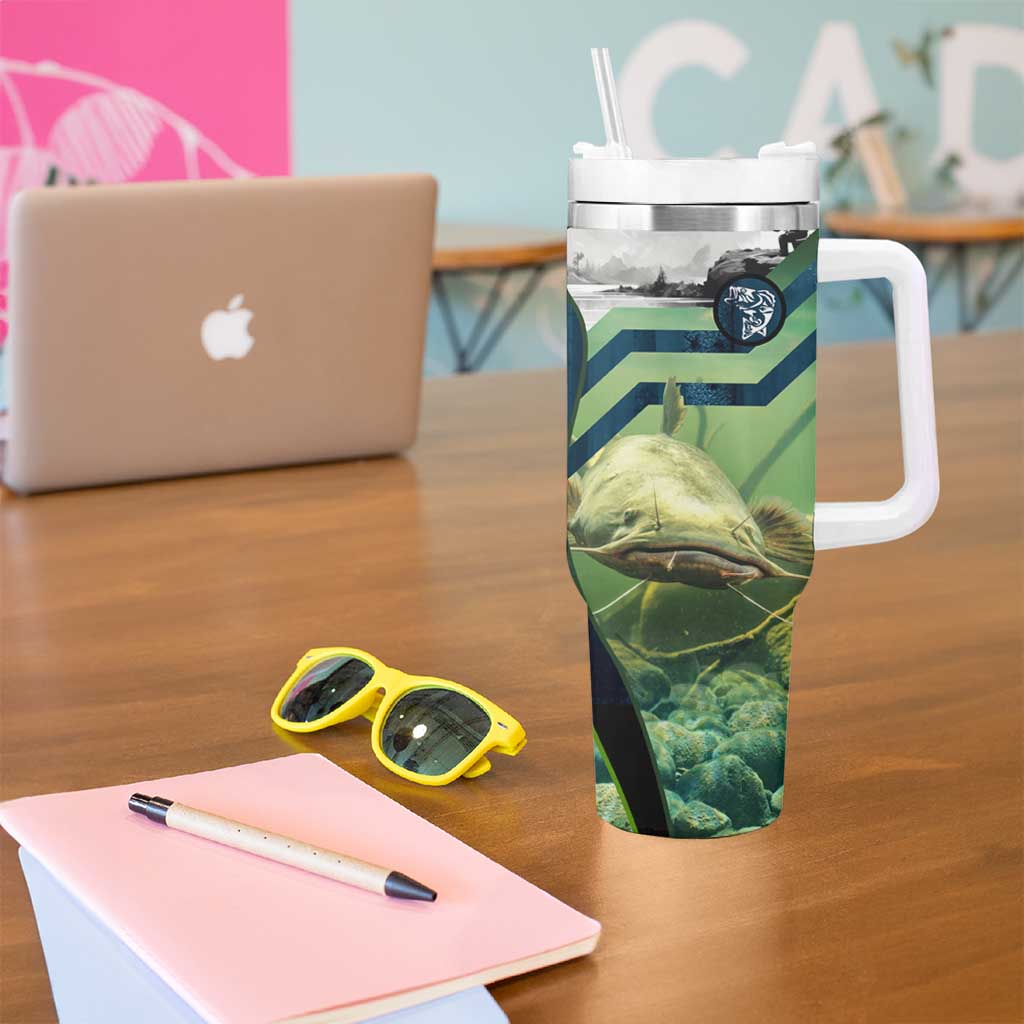 Catfish and Underwater Scene Design Tumbler With Handle with Forest Background and Fishing Theme Elements - Wonder Print Shop