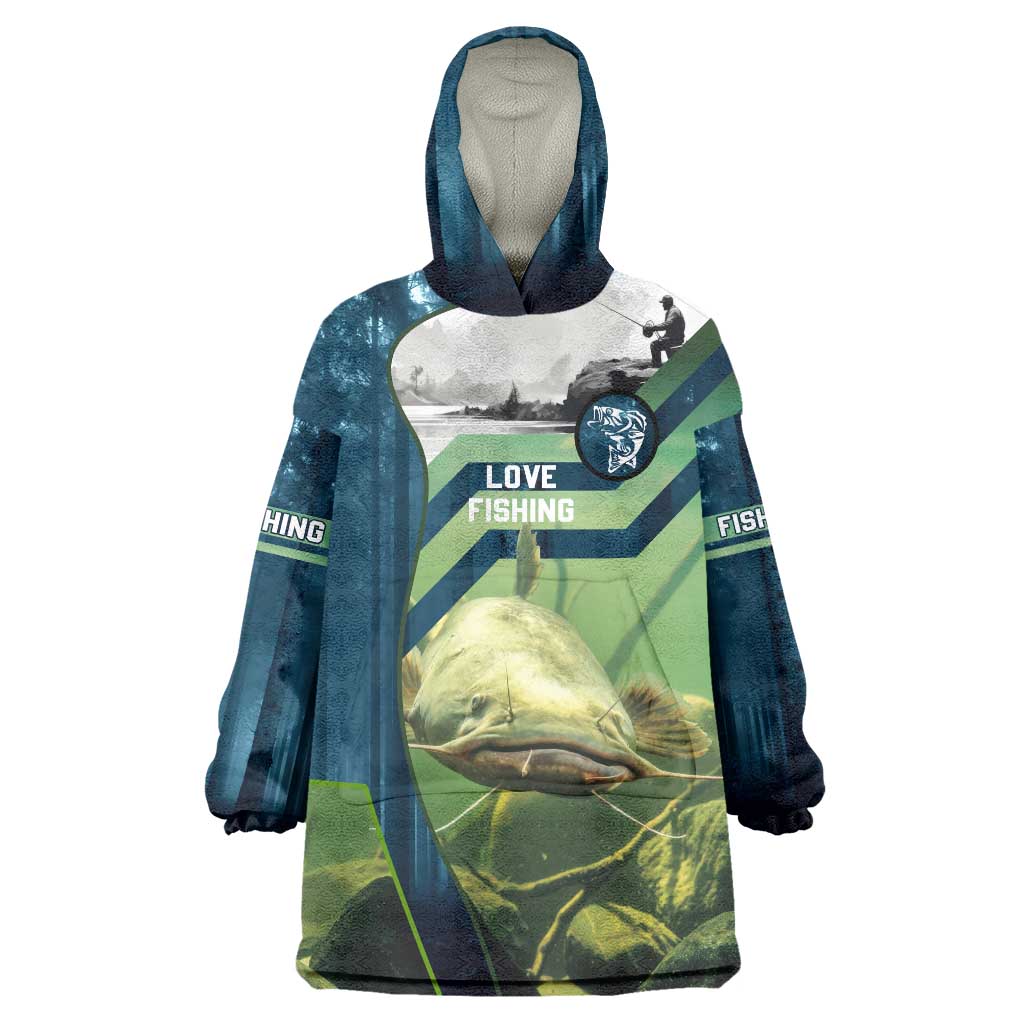 Catfish and Underwater Scene Design Wearable Blanket Hoodie with Forest Background and Fishing Theme Elements - Wonder Print Shop