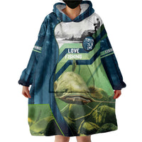 Catfish and Underwater Scene Design Wearable Blanket Hoodie with Forest Background and Fishing Theme Elements - Wonder Print Shop