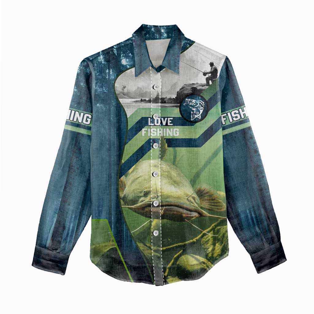 Catfish and Underwater Scene Design Women Casual Shirt with Forest Background and Fishing Theme Elements - Wonder Print Shop