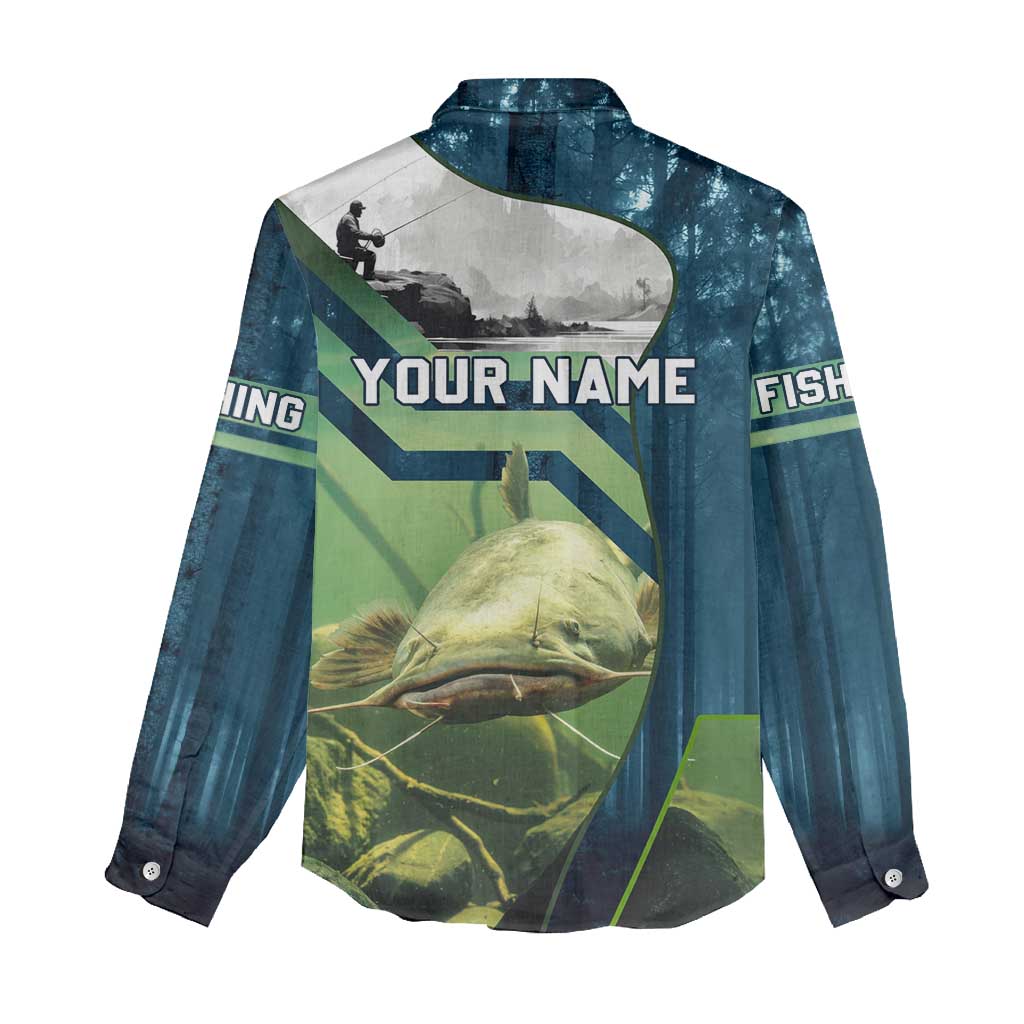 Catfish and Underwater Scene Design Women Casual Shirt with Forest Background and Fishing Theme Elements - Wonder Print Shop