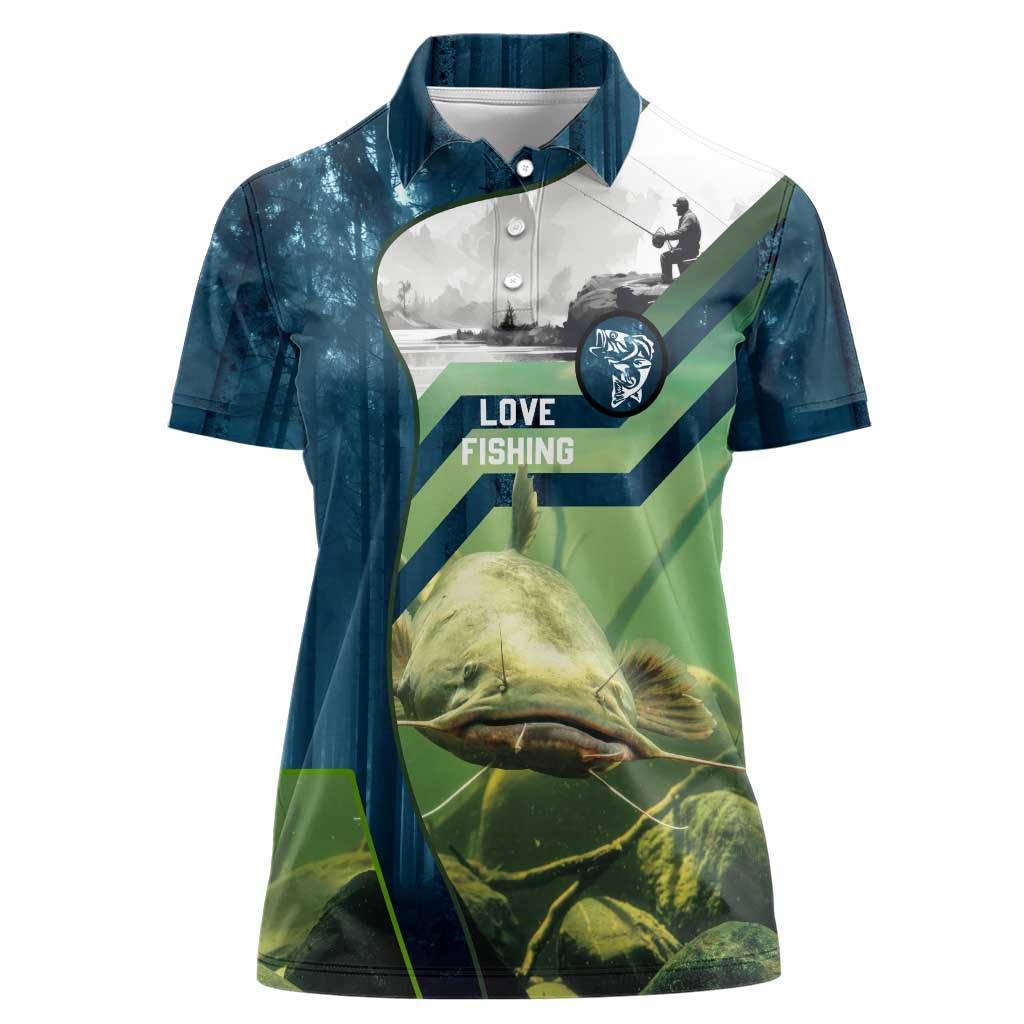 Catfish and Underwater Scene Design Women Polo Shirt with Forest Background and Fishing Theme Elements - Wonder Print Shop