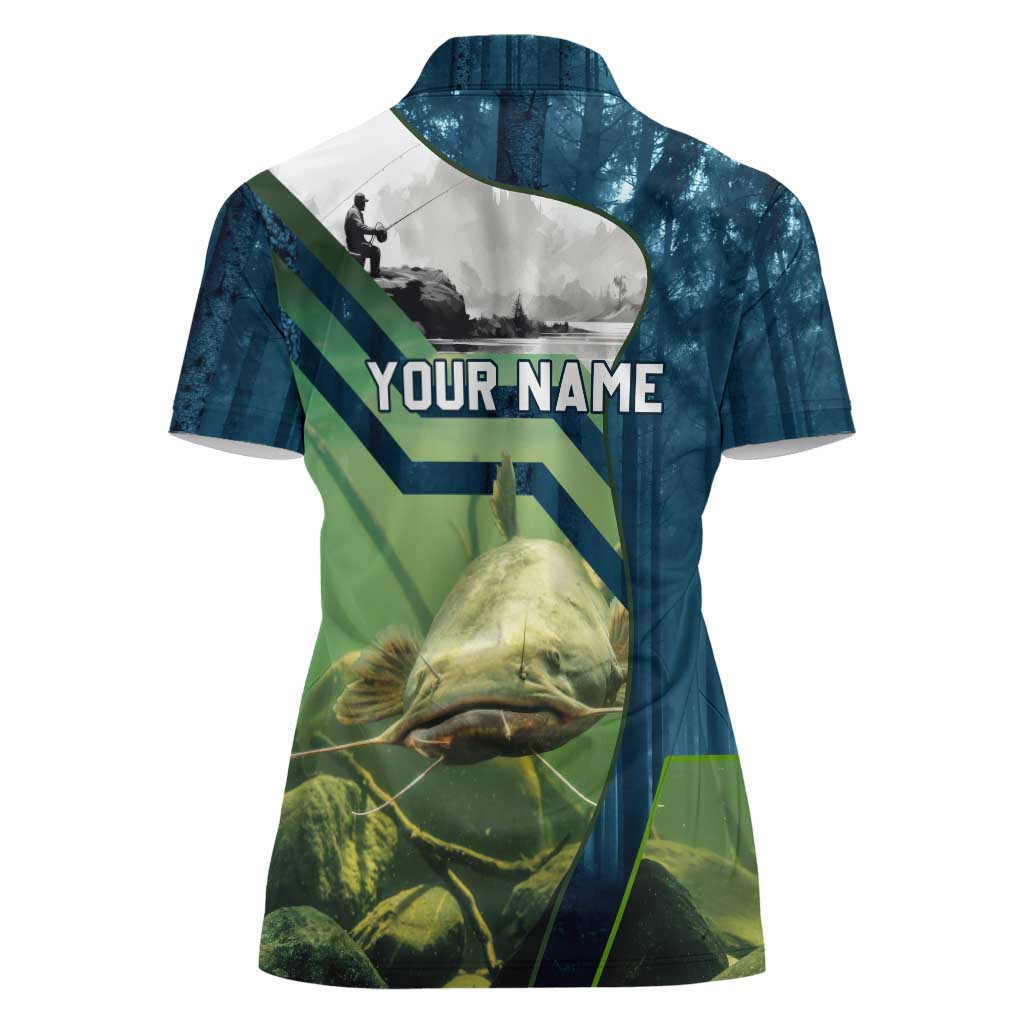Catfish and Underwater Scene Design Women Polo Shirt with Forest Background and Fishing Theme Elements - Wonder Print Shop