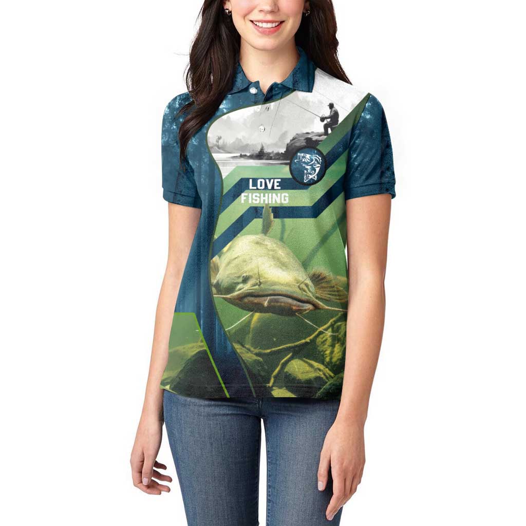 Catfish and Underwater Scene Design Women Polo Shirt with Forest Background and Fishing Theme Elements - Wonder Print Shop