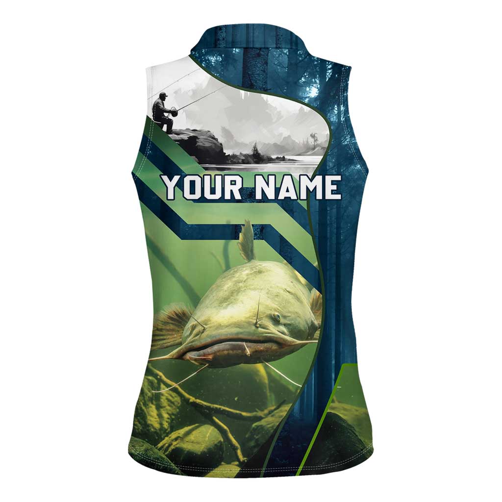 Catfish and Underwater Scene Design Women Sleeveless Polo Shirt with Forest Background and Fishing Theme Elements - Wonder Print Shop
