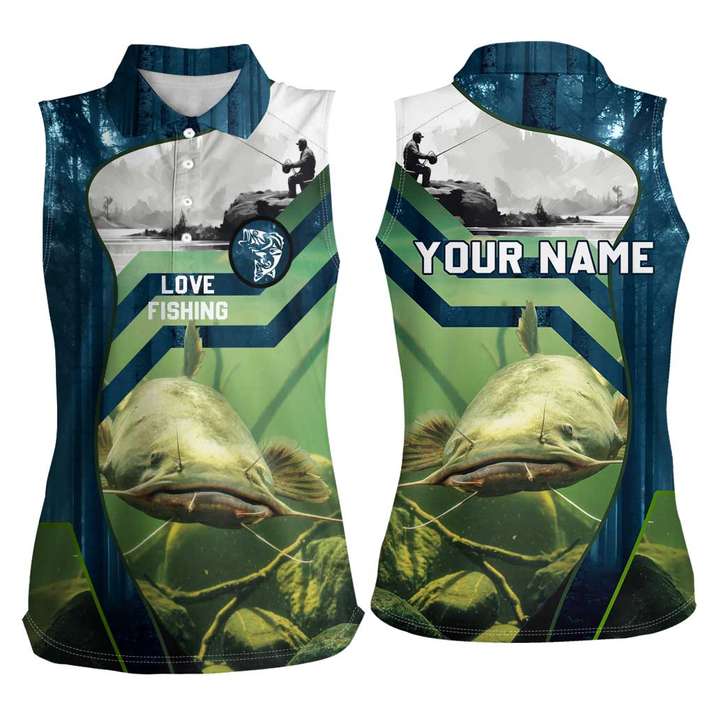 Catfish and Underwater Scene Design Women Sleeveless Polo Shirt with Forest Background and Fishing Theme Elements - Wonder Print Shop