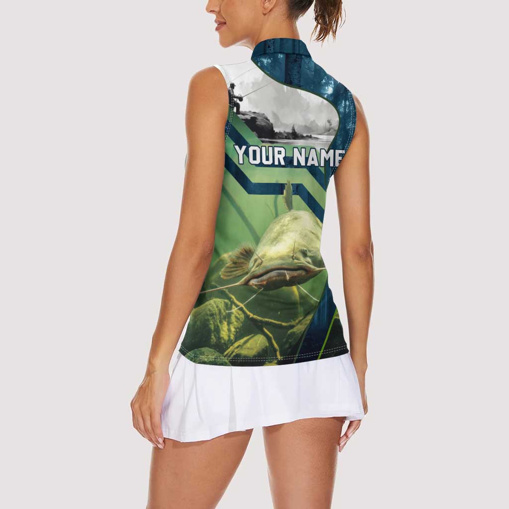 Catfish and Underwater Scene Design Women Sleeveless Polo Shirt with Forest Background and Fishing Theme Elements - Wonder Print Shop