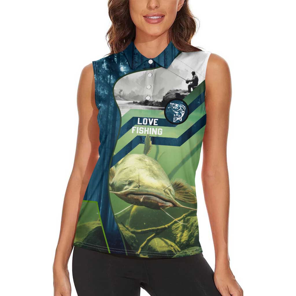 Catfish and Underwater Scene Design Women Sleeveless Polo Shirt with Forest Background and Fishing Theme Elements - Wonder Print Shop