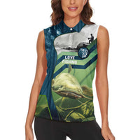 Catfish and Underwater Scene Design Women Sleeveless Polo Shirt with Forest Background and Fishing Theme Elements - Wonder Print Shop