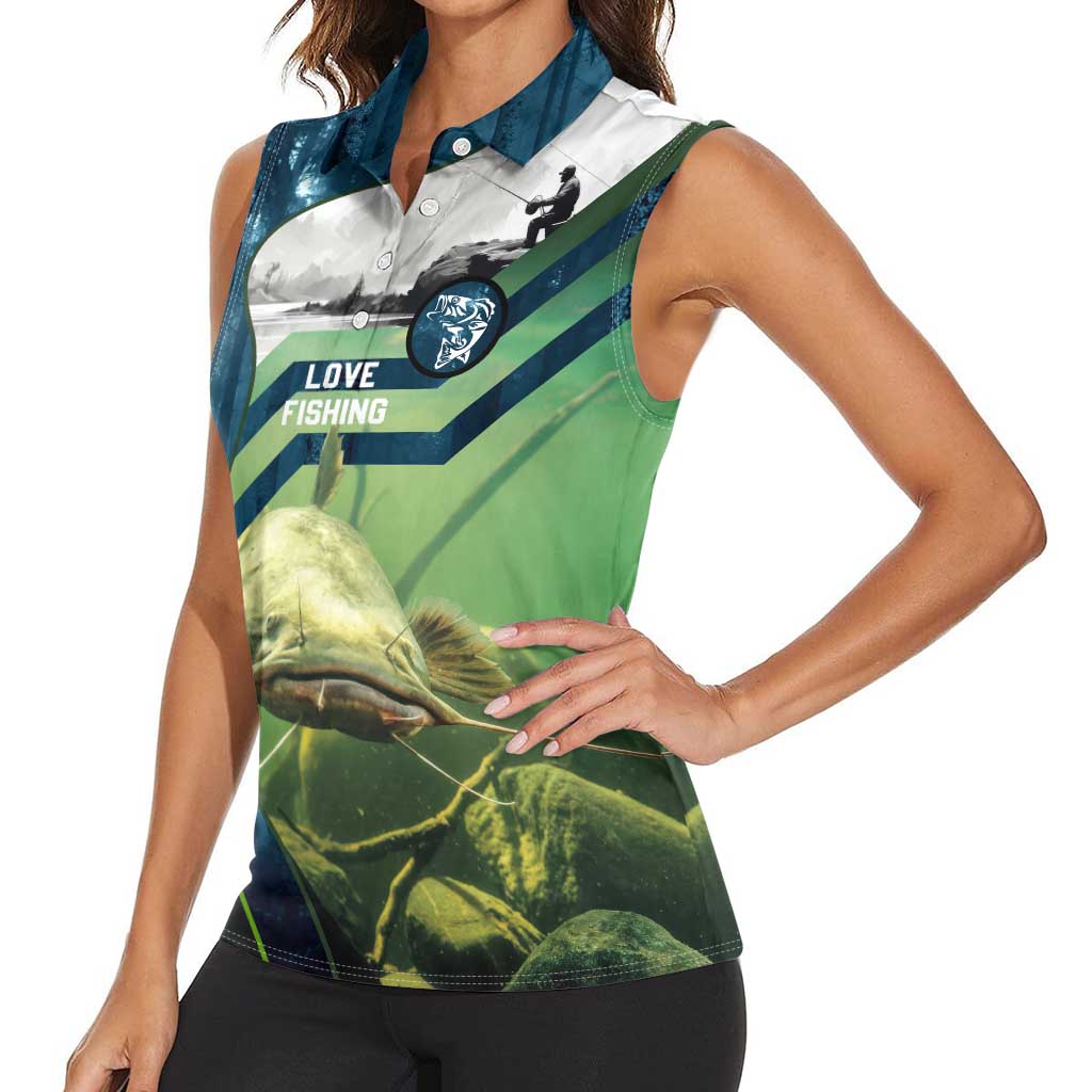 Catfish and Underwater Scene Design Women Sleeveless Polo Shirt with Forest Background and Fishing Theme Elements - Wonder Print Shop
