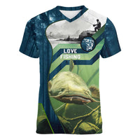 Catfish and Underwater Scene Design Women V-Neck T-Shirt with Forest Background and Fishing Theme Elements - Wonder Print Shop
