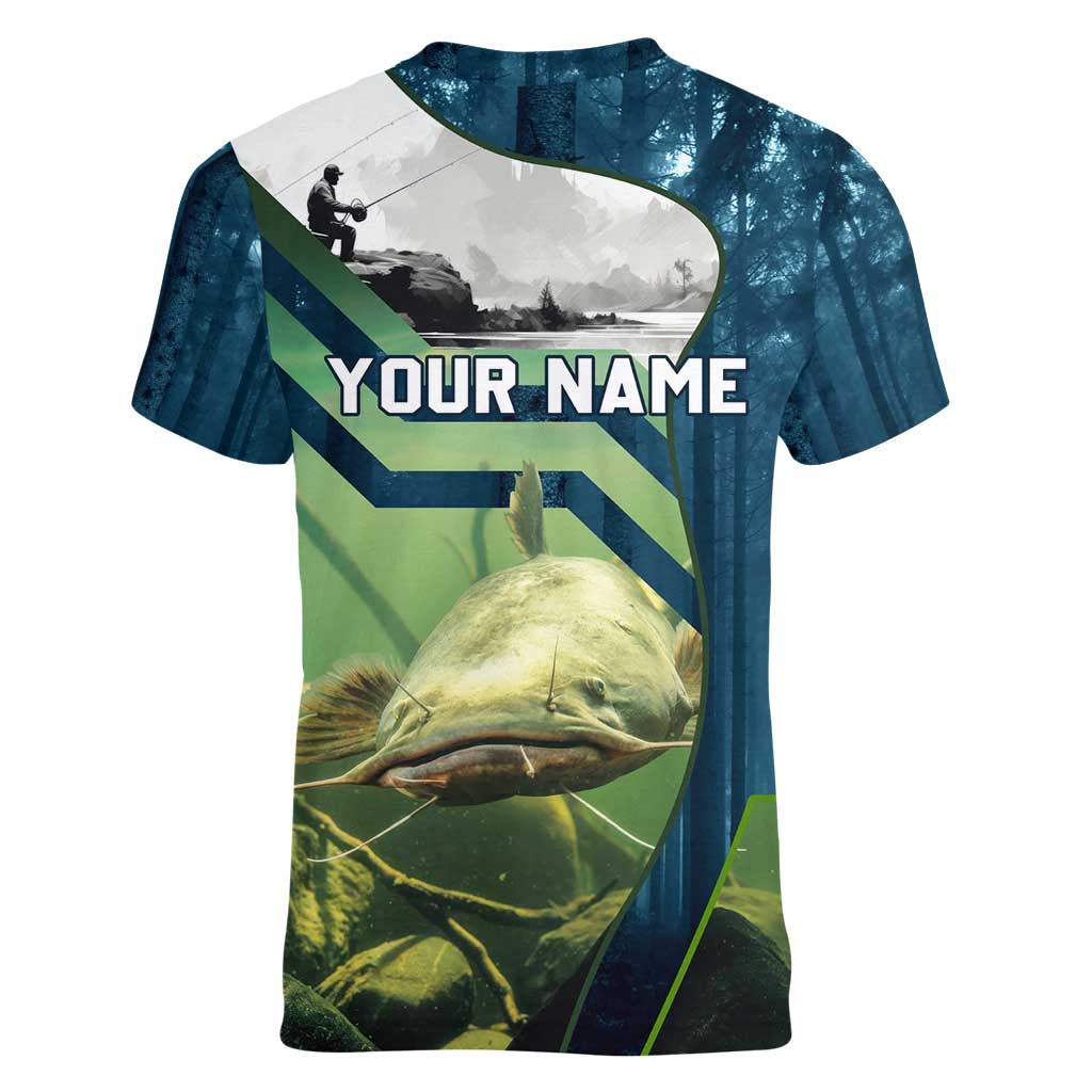Catfish and Underwater Scene Design Women V-Neck T-Shirt with Forest Background and Fishing Theme Elements - Wonder Print Shop