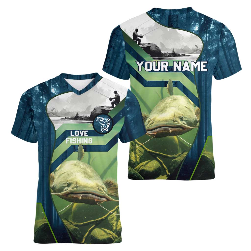 Catfish and Underwater Scene Design Women V-Neck T-Shirt with Forest Background and Fishing Theme Elements - Wonder Print Shop