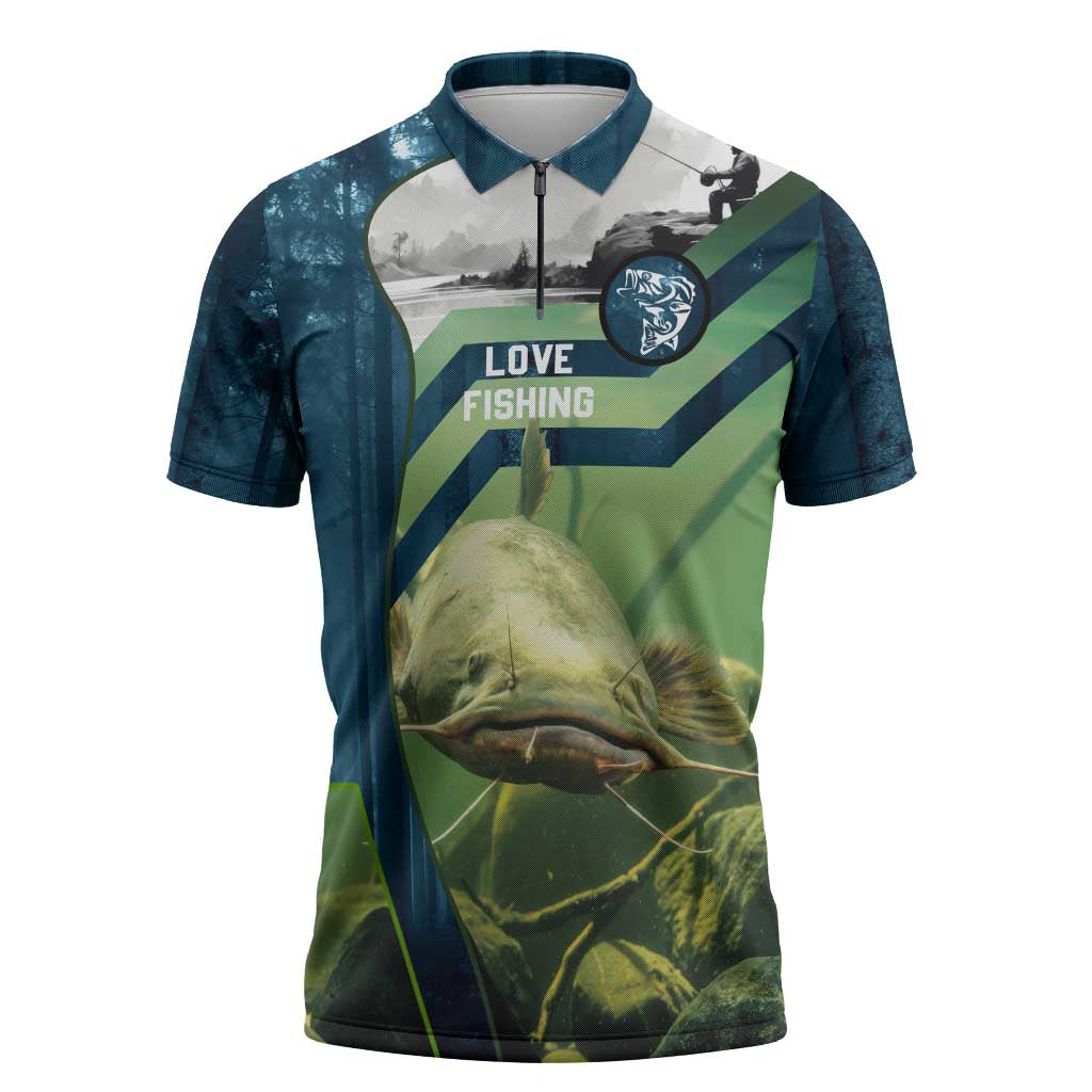 Catfish and Underwater Scene Design Zipper Polo Shirt with Forest Background and Fishing Theme Elements - Wonder Print Shop