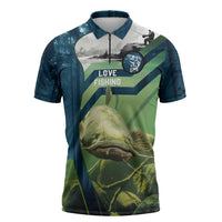 Catfish and Underwater Scene Design Zipper Polo Shirt with Forest Background and Fishing Theme Elements - Wonder Print Shop