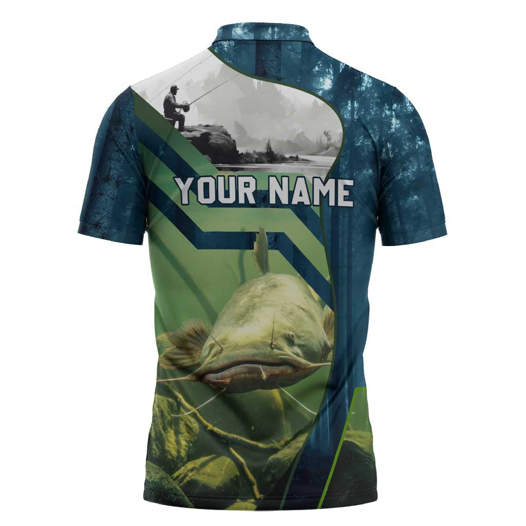 Catfish and Underwater Scene Design Zipper Polo Shirt with Forest Background and Fishing Theme Elements - Wonder Print Shop