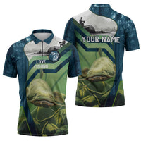 Catfish and Underwater Scene Design Zipper Polo Shirt with Forest Background and Fishing Theme Elements - Wonder Print Shop