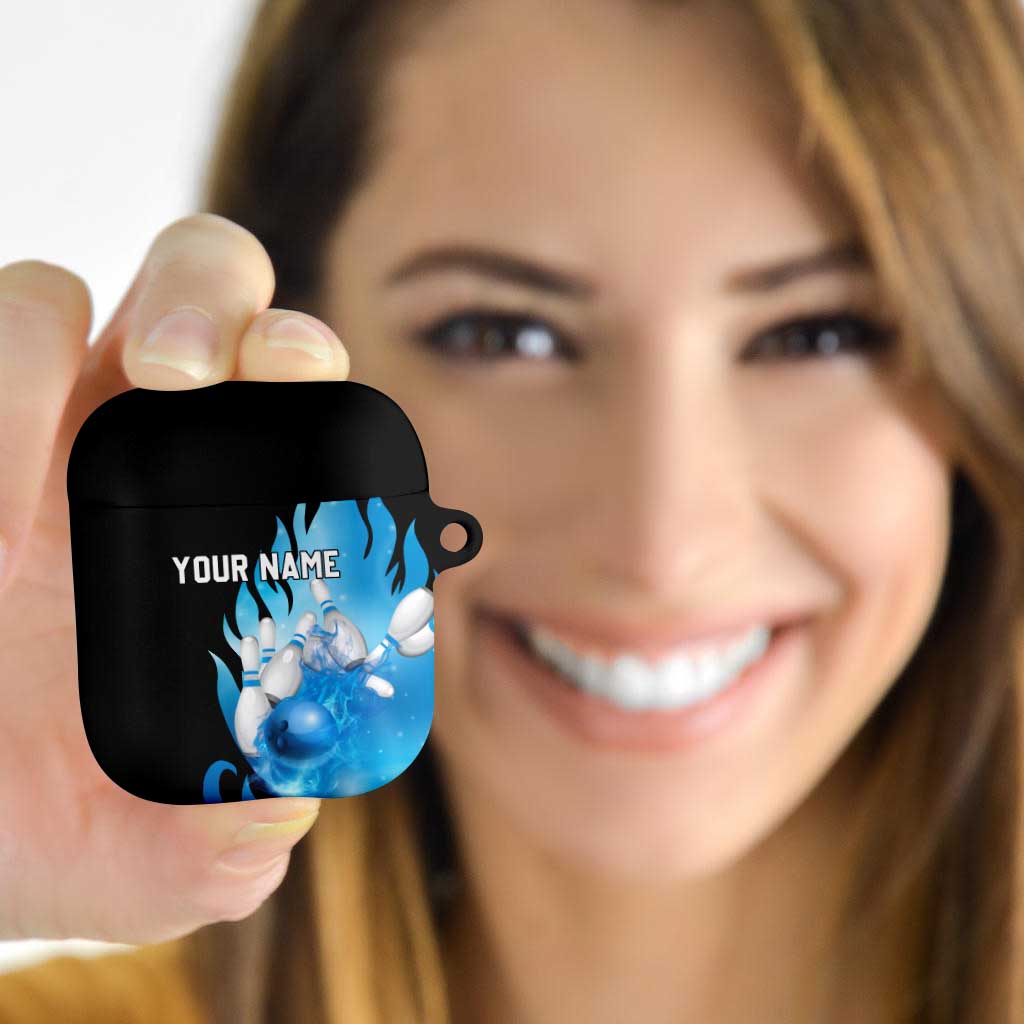Blue Flame Bowling Ball and Pins Design AirPods Case with Smoke Effects and Custom Team Name Text - Wonder Print Shop