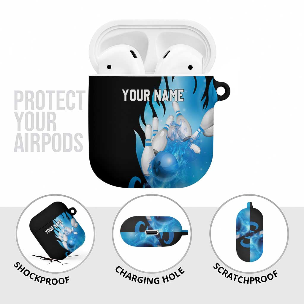 Blue Flame Bowling Ball and Pins Design AirPods Case with Smoke Effects and Custom Team Name Text - Wonder Print Shop