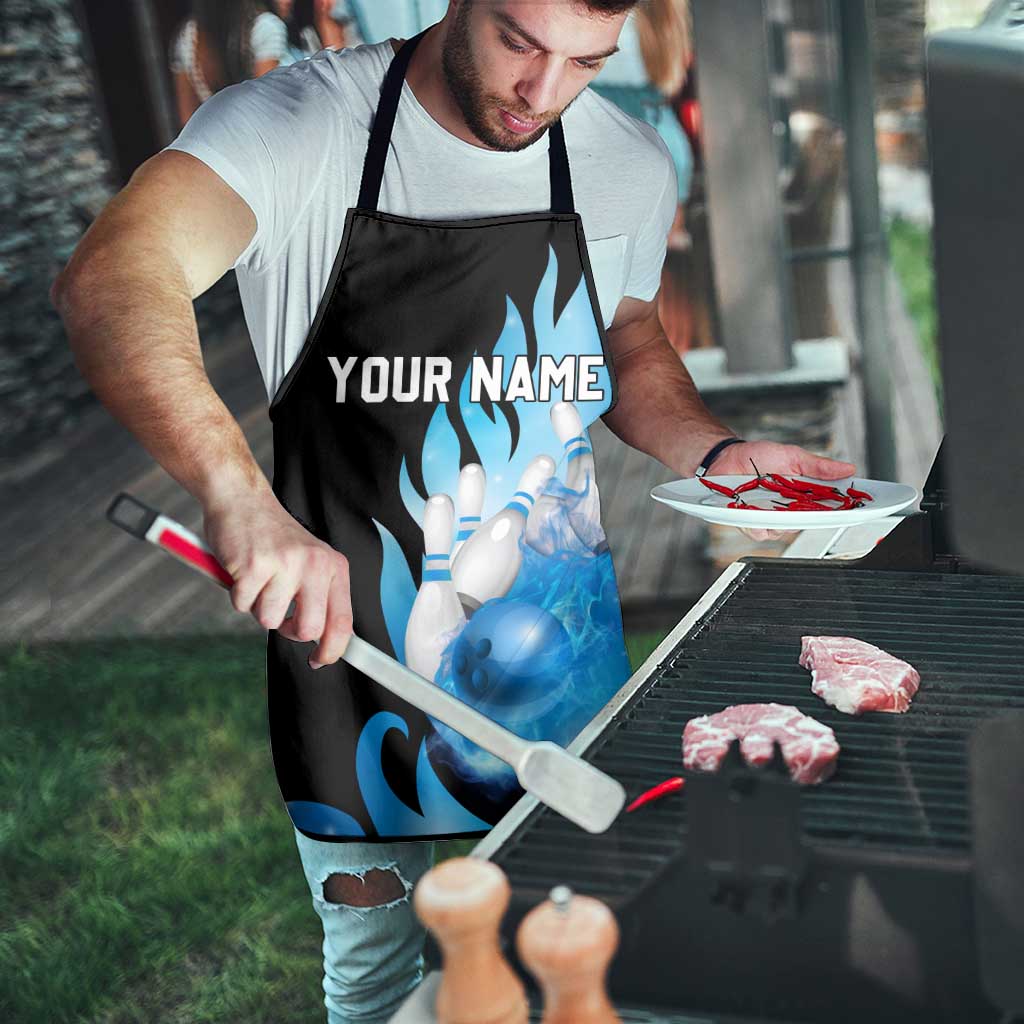 Blue Flame Bowling Ball and Pins Design Apron with Smoke Effects and Custom Team Name Text - Wonder Print Shop