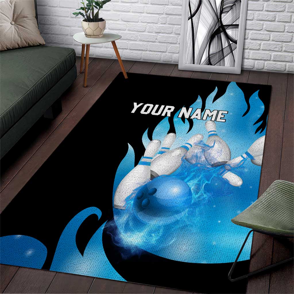 Blue Flame Bowling Ball and Pins Design Area Rug with Smoke Effects and Custom Team Name Text - Wonder Print Shop