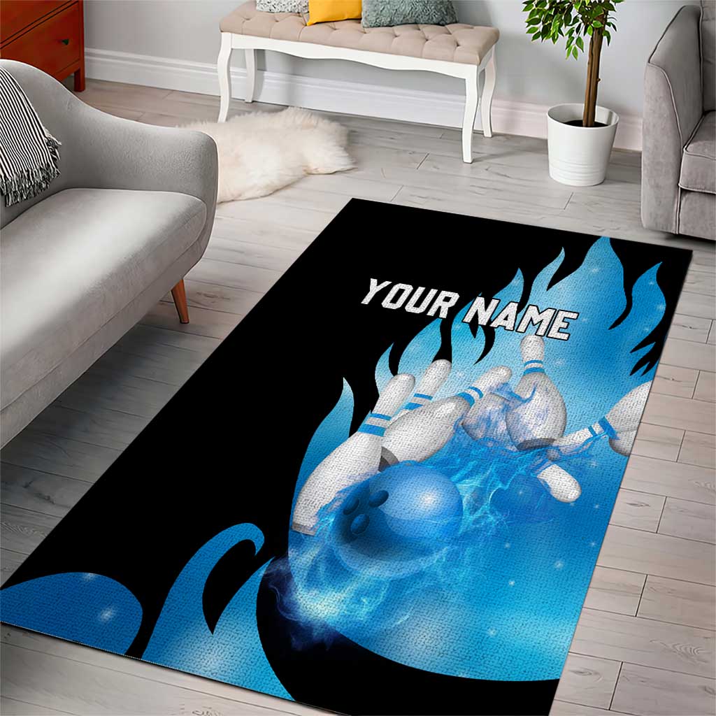 Blue Flame Bowling Ball and Pins Design Area Rug with Smoke Effects and Custom Team Name Text - Wonder Print Shop